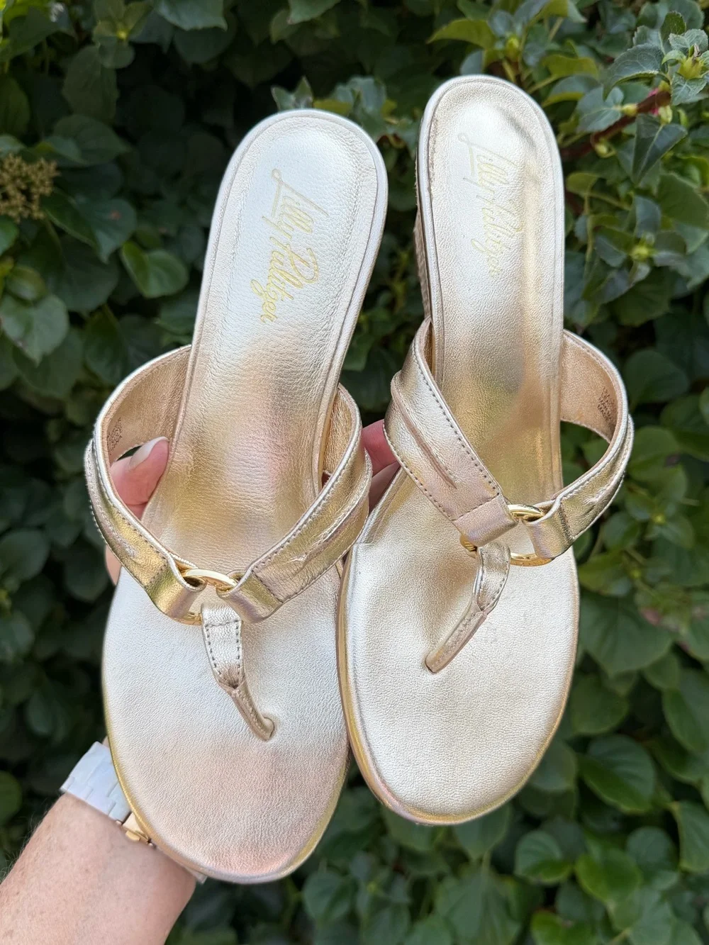 Lilly Pulitzer McKim Gold Nappa Leather Wedge Sandals Size 8.5